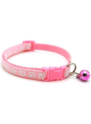 Adjustable Nylon Dog/Cat Collar with Bell, Multi-Colors Paw Print, for Small and Medium Pets (Pink)