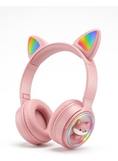Cat Ear Stereo Headset with RGB LED Lights &ndash; Wireless/Wired Over-Ear Headphones, Pink Color, M31