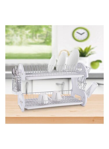 HOME Atticus 2 Tier Dish Rack Chrome Metal Iron/Polypropylene Modern Houseware Dish Rack L 57x27 X H 35.8cm Chrome