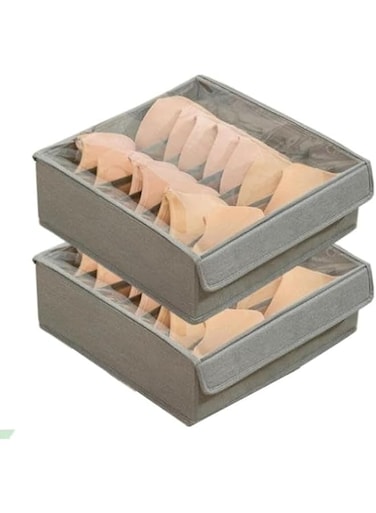 NALACAL Underwear Socks Storage Organizer with Lid, 2 Packs Foldable Closet Drawer Organizer with Dividers, Wardrobe Storage Boxes, Fabric Dresser Bin for Bra Scarf Neck Tie Container (7 Cells Gray)