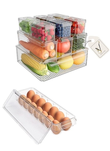 Viewstar 11 PCS Stackablae BPA-Free Refrigerator Organizer Set with Lids - Transparent Food Storage Containers with Drip Tray Design, Durable PET Material for Fridge, Freezer, Kitchen, Pantry