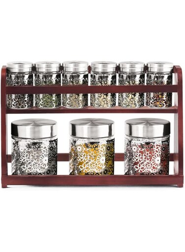 HOMESMART Premium Quality Glass Jar Spice Rack   Kitchen Organizer For Spice Bottles with Airtight Metal Lid   Set of 9 pcs Spice Organizing Jars Glass Jars For Kitchen Rack   Premium Gift