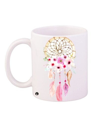 Dream Catcher Printed Coffee Mug White/Pink/Yellow 11ounce