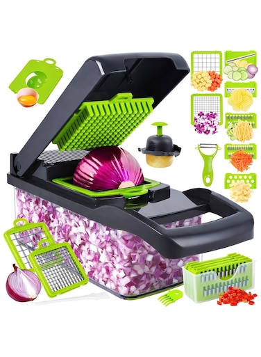 Star 16-in-1 Vegetable Chopper &acirc;&euro;&ldquo; All-in-One Multifunctional Kitchen Gadget Set with Storage Container, Manual Onion Chopper, Vegetable Slicer, Dicer &amp; Grater with 8 Stainless Steel Interchangeable Blades, Safe Ergonomic Design, Fast &amp; Easy to Use