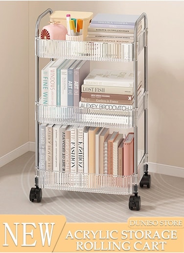 3 Tier Clear Rolling Utility Cart Organizer, Multipurpose Mobile Organizer Storage Shelves Trolley Kitchen, Bedroom, Bathroom, Office, Laundry Room