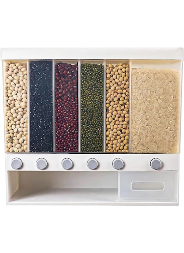 Dry Food Dispenser, One-Click Rice Output Food Containers, Wall mounted 6 Grid Cereal Dispenser, Rice Dispenser Kitchen Storage for Rice, Beans, Grains