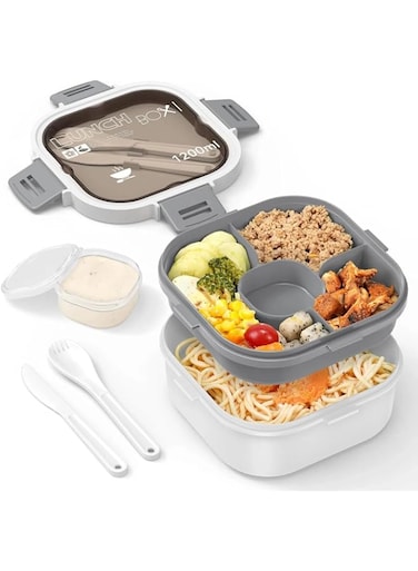 THE WHITE SHOP Salad Container - Large Salad Bowl, Bento Box Tray, Leak-Proof Sauce Container, Airtight Lid, &amp; Fork for Health Adult Lunches; Dishwasher/Microwave Safe(White)