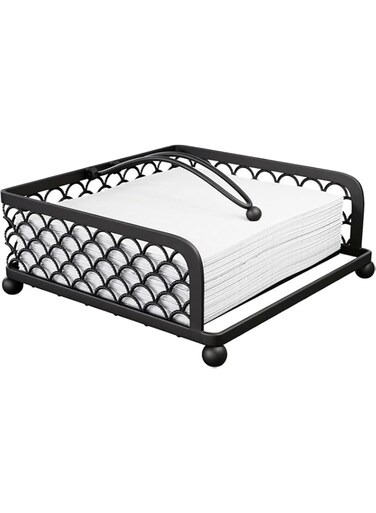MostNow Elegant Flat Paper Napkin Holder with Dispenser Arm - Silver Napkin Holders for Table, Kitchen, Countertops &amp; Outdoor Tables - Square Metal Lattice Dinner Napkin Holder (Black)