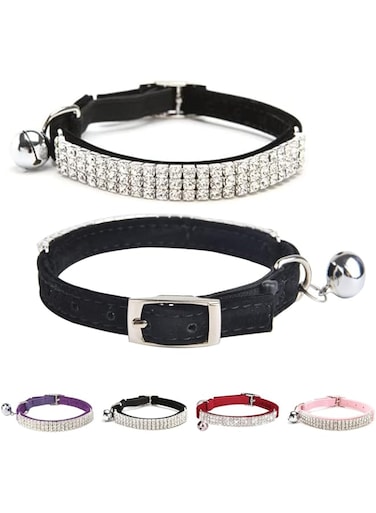 BINGPET Adjustable Cat Collar Soft Velvet Safe Collars Bling Diamante with Bells, Black