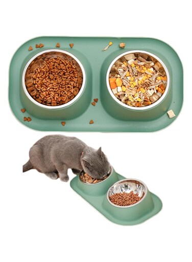 ANTOLE Cat Bowls for Food and Water,Removable Stainless Steel Double Bowls with Non-Slip Bottom,Elevated Stand for Pet and Small Dog,Non-Spill Cat Food Bowls