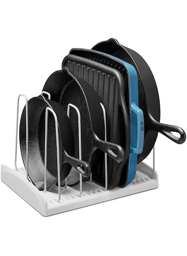 YouCopia StoreMore Cookware Rack, Adjustable Pot and Pan Organizer with 6 Dividers for Kitchen Cabinet Storage, Non-Slip Base, Easy Installation, White