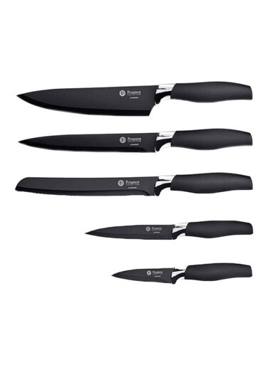 5-Piece Aria Stainless Steel Knife Set Black/Silver Chef Knife (8), Bread Knife (8), Slicer (8), Utility Knife (5), Paring Knife (3.5)inch