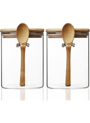 Pack Glass Storage Canister with with Airtight Lid, 15 oz/450 ml Small Clear Decorative Container Jar with Wooden Spoon for Coffee Spice Candy Salt Cookie Sugar Matcha Tea Overnight Oats