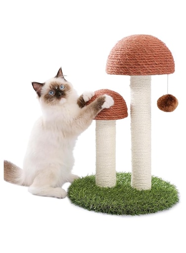 PETEPELA Cat Scratching Post, Mushroom Tall Cat Scratcher Featuring with Natural Sisal Scratching Poles and Interactive Toy Ball for Kittens and Small Cats (Brown)