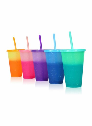 Color Changing Plastic Tumblers with Lids &amp; Straws - Perfect for Parties, Picnics &amp; Everyday Use (Set of 5)