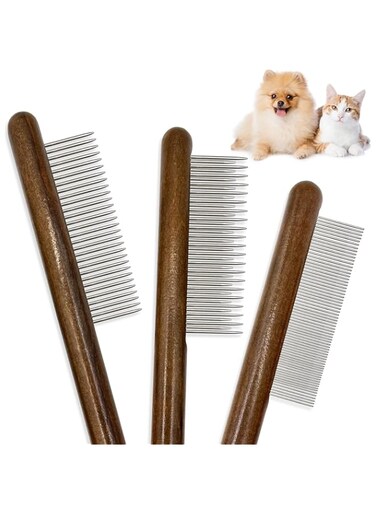 ZKKZOMA 3 Pack Solid Wood Cat Combs,Flea Lice Comb with Rounded Stainless Steel Teeth for Cat Dog Rabbit Massage Removes Mats, Tangles and Loose Fur,Grooming Comb for Cat/Dog/Small Medium Pets