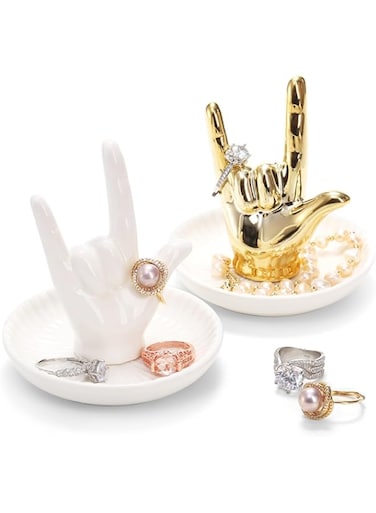 NALACAL 2 Pack Ring Holder Dish, Ceramic I LOVE YOU Jewelry Dish, Hand Ring Holder, Decorative Bracelet Earrings Necklace Trinket Organizer Tray for Christmas Birthday Gifts, Home Decor