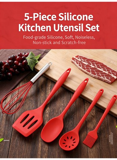 Silicone Kitchen Utensils 5-Pack, Heat-Resistant Spatula, Turner &amp; Whisk, Home Cooking Set