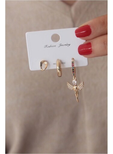 Gold Color 3 Pcs Zircon Stone Detail Women's Earrings