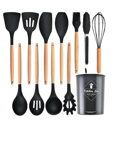 Kitchen Utensils Set,Kitchen Cooking Utensils Set,Spoon,Spatula,446&acirc;&bdquo;&permil; Heat Resistant 12-pcs Non-stick Food Grade Silicone and Wooden Handles, Kitchen Tools Set (Multi-colour)