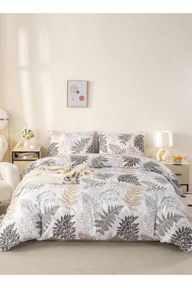 Home Queen Size 6 Pieces: 1 Duvet cover - 200*230cm.; 1 Flat sheet - 230*250cm.; 4 Pillow covers - 50*75cm. Grey leaf pattern Bedding Set