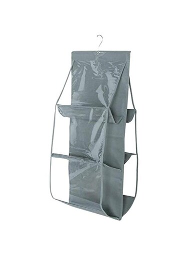 GulfDealz 6 Pockets Hanging Closet Organizer, Clear Foldable Transparency Dust Proof Organizer Bags Hanger, Plastic Material - Grey