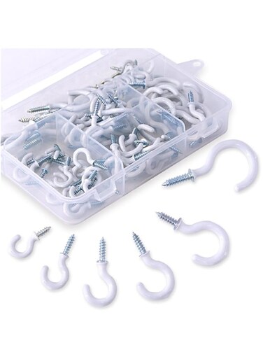 Swpeet 100Pcs Black 6 Sizes Cup Hooks Kit, Vinyl Coated Ceiling Cup Hooks Screw Hooks Mug Hooks Holder for Home, Office and Workplace - 1/2, 5/8,3/4,7/8,1'',1-1/4 White BlackHooks-100