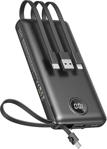 Power Bank with Built in Cables, Portable Charger for iPhone, USB C LED Display External Battery iPhone Charger Bank (10000mAh Black)