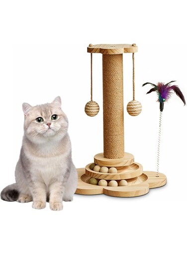 4-in-1 Interactive Cat Toy,Small Cat Sisal Rope Scratching Post With Hanging Ball, Cat Scratching Post with 40 Cm,Interactive Cat Toys for Indoor Cats With Springy and Wooden Track Balls