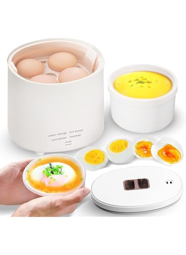 Angju Rapid Egg Cooker - 4 Egg Capacity Cooker for Steamed, Hard Boiled, Soft Boiled Eggs and Onsen - Electric Egg Boiler for Home Kitchen, Dorm Use - Smart Egg Maker with Auto Shut OFF and Alarm