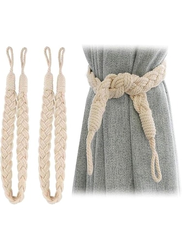 2 Pcs Curtain Rope Tiebacks, Natural Cotton Hand Knitting Curtains Ties,Rope Tie Backs for Curtains, Braided Drapery Drape Holdbacks Curtain Rope Buckle Cord Window Tie Backs for Curtains,Beige