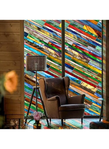 KASTWAVE Stained Glass Window Privacy Film, Window Privacy Film Rainbow Decorative Static Cling Window Coverings Sun Heat Blocking for Bathroom Door Vinyl Prism Window Tint(Line,16.9 x 39.4 inch)