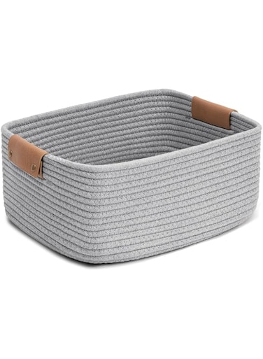 CHICVITA Rectangle Cotton Rope Woven Basket with Handles for Books, Magazines, Toys - Decorative Rectangle Basket for Baby Nursery, Living Room, Bathroom, Grey