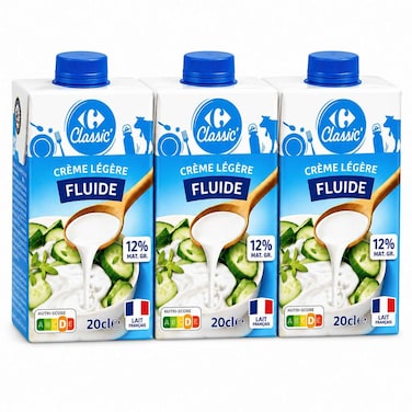 Carrefour Classic UHT Light Cooking Cream 12% Fat, 20cl, Pack of 3