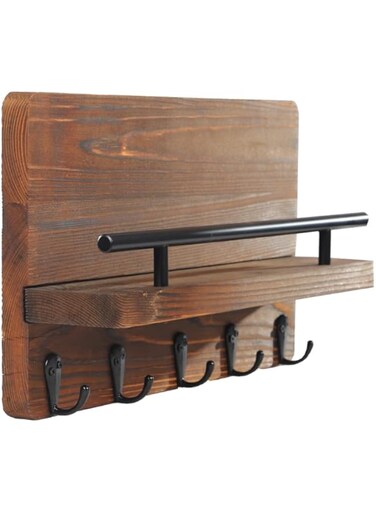 Yahome Rustic Burnt Wood Wall-Mounted Entryway bedroom key Organizer with 5 Key Hooks and Storage Shelf