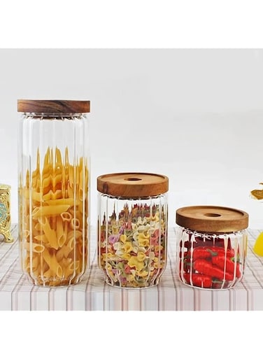 1CHASE&reg; Borosilicate Stripe Glass Food Storage Jar With Acacia Wood Air Tight Lid, Handmade Glass Canister For Kitchen Pantry Organizer, For Storing Pasta, Nuts, Coffee, Tea, Snacks, Set Of 3, (S+M+L)