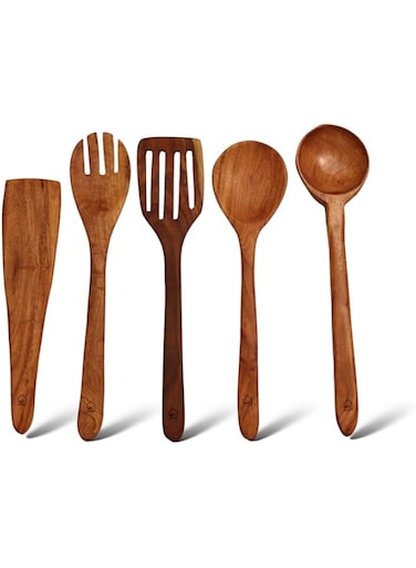 Vesta Homes Wooden Spoons, Ladle, Spatula, Turner, Fork for Cooking, Non Stick Cookware Tools   Naturally Non Stick   Set of 5   Indian Neem Wood   No Polish   12 Inches   Handcarved in India