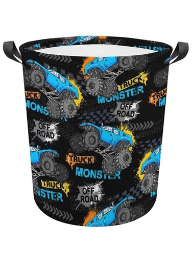 FISNAE Collapsible Laundry Baskets Cool Monster Truck Pattern Small Waterproof Laundry Hamper with Handles Blue Racing Car Round for Dirty Clothes,Kids Toys,Bedroom,Bathroom