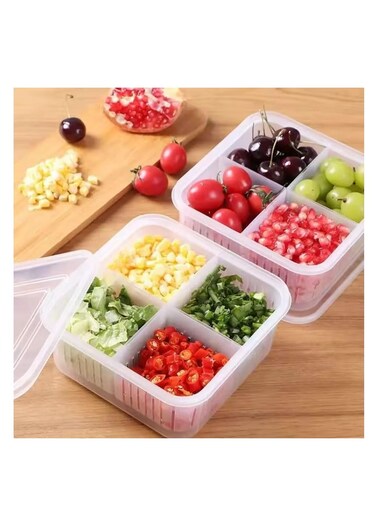 Set of 2 Fridge Organizer, Fruit Vegetable Storage Saver Containers with Lid &amp; Colander for Kitchen   BPA-Free Plastic Container Fresh Keeper Set, 4 Partitions in Each Box