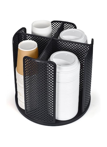EOFJRUC Cup and Lid Organizer, 360&deg; Rotatable Coffee Cup Dispenser for Disposable Plastic and Paper Cups of 5 to 16 oz, 4 Compartments Detachable Countertop Cup Holder, Black