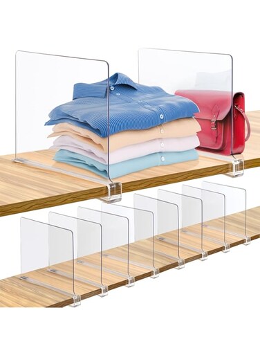 Clothes Separator for Closet，Clear Shelf Divider for Closets, Plastic Shelve Divider for Clothes Purses Separators, Wood Shelves Organizer for Bedroom, Kitchen, Office, Cabinets, Bathroom, 6 Pack