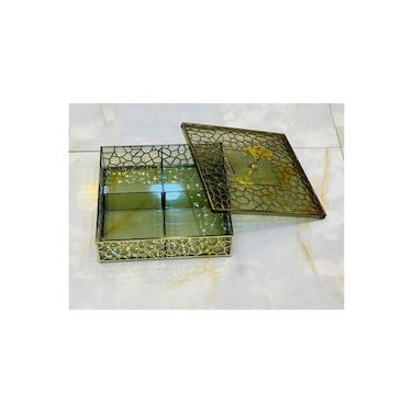 Gold Geometric Plastic Snack &amp; Fruit Serving Tray with Lid - 4-Compartment Appetizer.