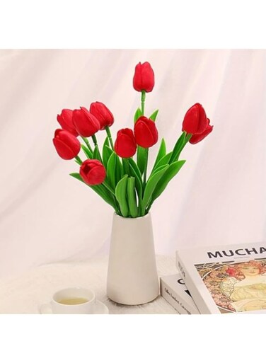 Artificial Tulip Real Touch Fake Flowers Floral Bouquet for Home Office Parties Wedding Event Decor 8 Pcs (Red)