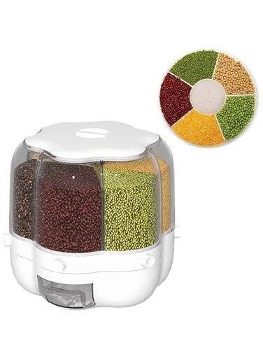 YU WELL Dual Food Dispenser, 6 Grid Dry Food Dispenser,Grain Cereal Dispenser Countertop for Kitchen,Black (White 6.5kg)