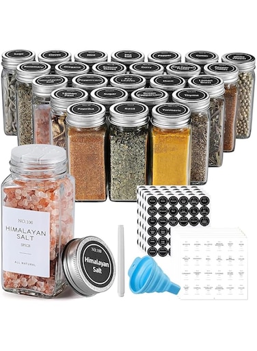 FUFU 24 Pcs Spice Jars with Labels - Glass Spice Jars with Shaker Lids, Minimalist Spice Labels Stickers, Collapsible Funnel, 4oz Seasoning Containers Bottles for Spice Rack, Cabinet, Drawer