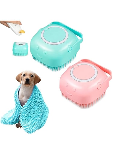 Dog Bath Brush Kit Pet Bathing Brush Tool with Pet Bath Towel, Soft Silicone Pet Shampoo Massage Dispenser Grooming Shower Brush, for Long and Short Haired Dogs Cats Shower