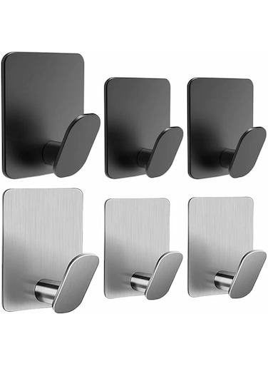 Askan Towel Hooks for Bathrooms,6 Pack Adhesive Hooks Silver Stainless Steel Adhesive Wall Hooks,Utility Hooks,Coat Hooks. Hooks for Hanging Clothes,Hats,Pants,Shower Ball,Robes,Bag,Key