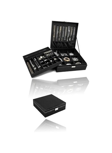 Two Layer Jewelry Box Organizer - Elegant Storage for Women and Girls - Display Case for Necklace, Earrings, Bracelets, Rings, and Watches in Stylish Black