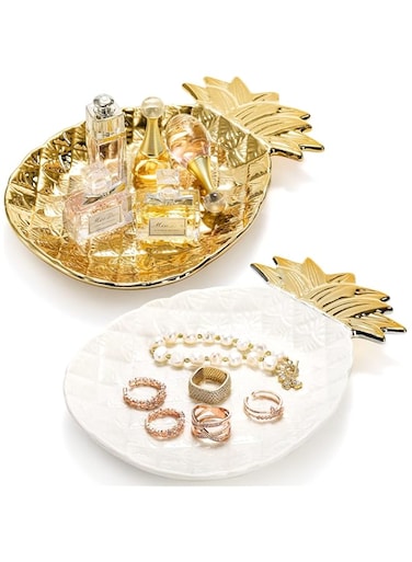 NALACAL 2 Pack Ceramic Jewelry Dish Tray, 5.4" Decorative Ring Dish Jewelry Plate Holder, Large Capacity Trinket Dish Gifts for Woman, Mom, Friends, White &amp; Gold Pineapple