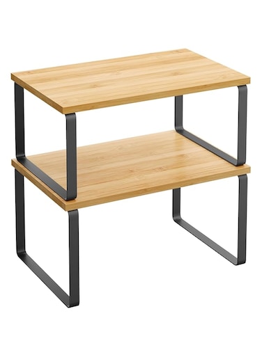 SONGMICS Cabinet Organizer Shelf, Set of 2 Kitchen Counter Shelves, Stackable, Expandable, Metal and Engineered Wood, Black and Natural UKCS02NB